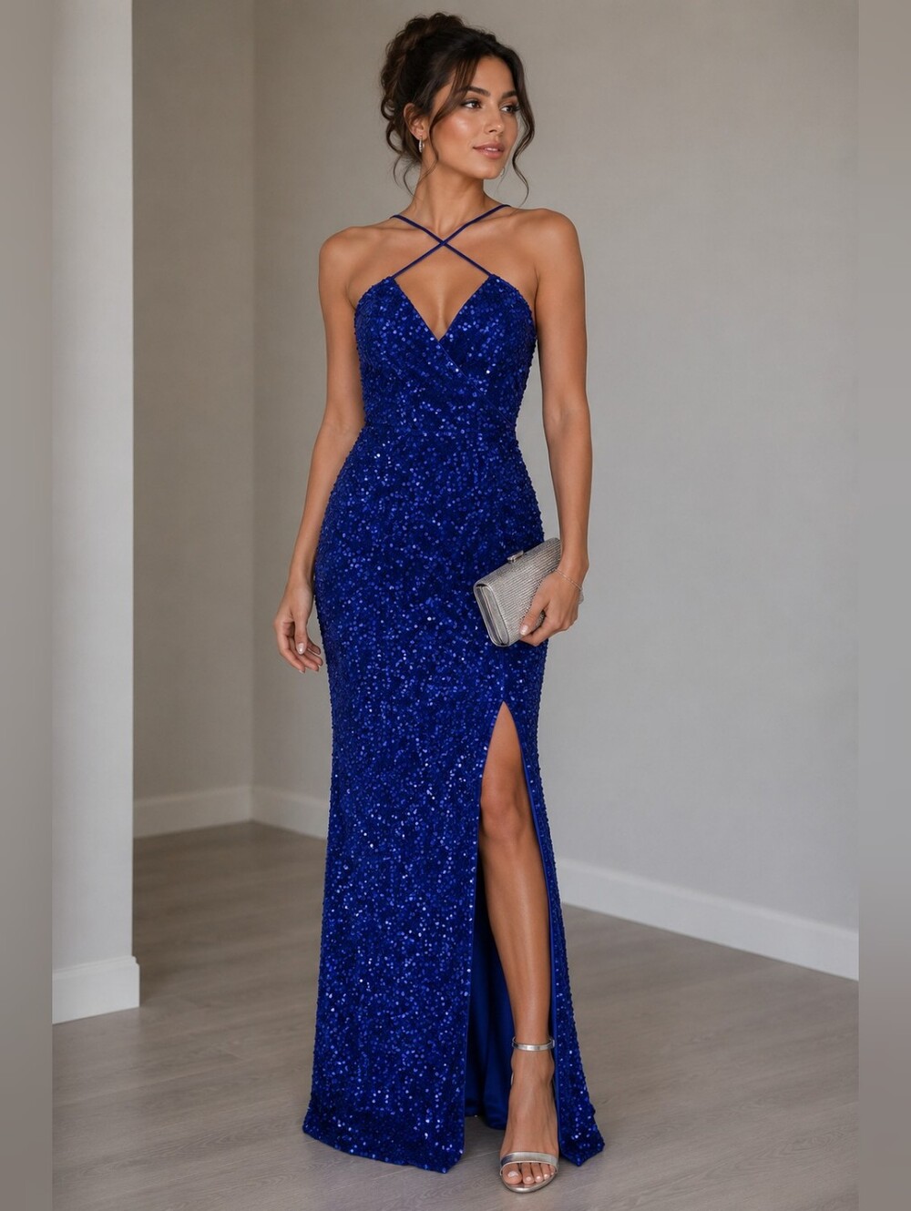NWT Royal Blue Sequin Crisscross Neck Velour Velvet Formal Maxi Gown Sz Large